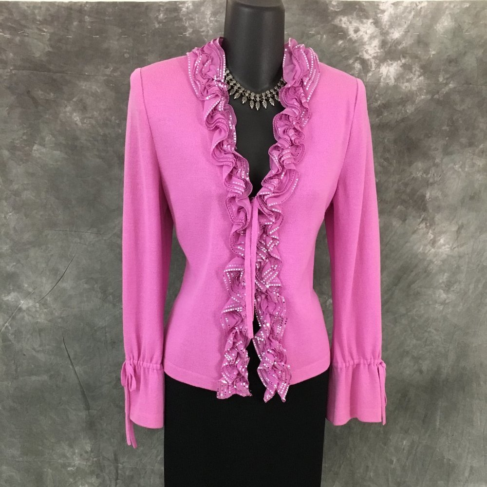 BEAUTIFUL St John evening knit jacket lavender purple ruffle suit blazer size 6